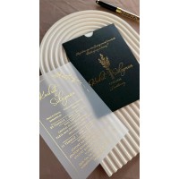 Çam Yeşil Zarflı Yaldızlı Şeffaf Düğün Davetiyesi