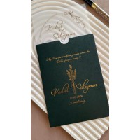 Çam Yeşil Zarflı Yaldızlı Şeffaf Düğün Davetiyesi