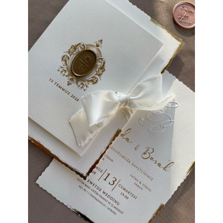 Fantazi Özel Keten Kağıtlı Zarflı Fiyonklu Mühürlü Nikah, Nişan, Kına, Düğün Davetiyesi
