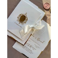 Fantazi Özel Keten Kağıtlı Zarflı Fiyonklu Mühürlü Nikah, Nişan, Kına, Düğün Davetiyesi