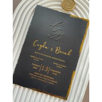 Dikdörtgen Kapaklı Beyaz Tuale Zarflı Yaldızlı Oval Düğün Davetiyesi