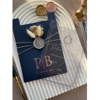 Lacivert Şeffaf Kuruçiçekli Mühürlü Düğün Davetiyesi