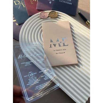 Dikdörtgen Pudra Zarflı Yaldızlı Şeffaf Düğün Davetiyesi