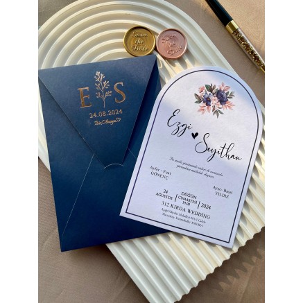Dikdörtgen Kapaklı Mavi Zarflı Yaldızlı Oval Düğün Davetiyesi - 01