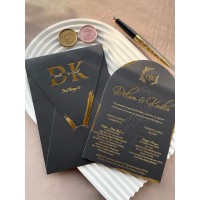 Dikdörtgen Kapaklı Siyah Zarflı Yaldızlı Oval Düğün Davetiyesi