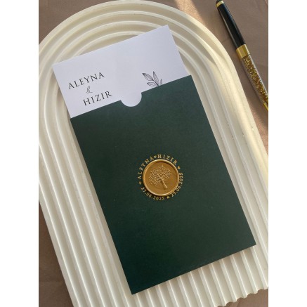 Yeşil Zarflı Yaldızlı Mühürlü Düğün Davetiyesi