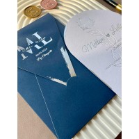 Dikdörtgen Kapaklı Mavi Zarflı Yaldızlı Oval Düğün Davetiyesi