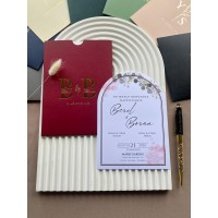 Bordo Zarflı Yaldızlı Oval Düğün Davetiyesi