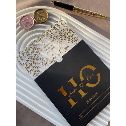 Siyah Zarflı Yaldızlı Şeffaf Düğün Davetiyesi