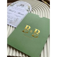 Yeşil Zarflı Yaldızlı Oval Düğün Davetiyesi